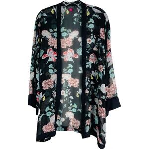 Vince Camuto black blue pink floral semi sheer kaftan kimono XS